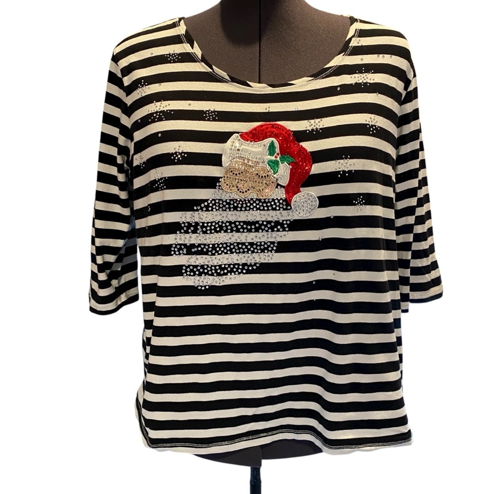 Onque Casuals Women's plus size 2X Christmas Santa Bling Black White Striped Tee
